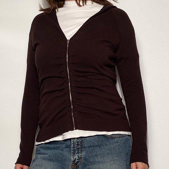 Vintage Brown Y2K PERFECT BASIC Scrunchy Ruched Zip Up HOODIE Cardigan! M to L - Picture 9 of 14